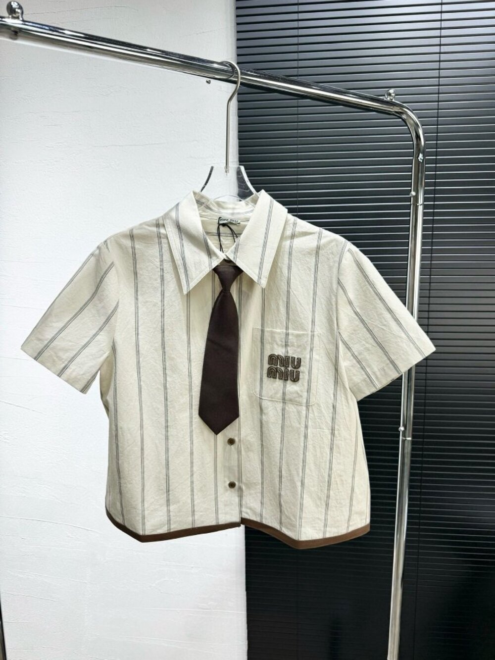 Miu Miu Cropped Striped Short‑Sleeve Shirt With Tie